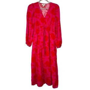 Kate Spade x Target Vibrant Bright Red Pink Linen Blend Long Sleeve Midi Dress